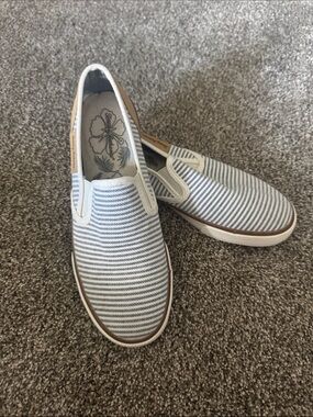 Tommy Bahama White and Navy Striped Slip-On Sneakers